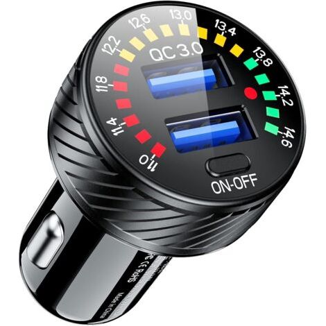 Chargeur de voiture USB double port QC3.0, adaptateur allume-cigare, chargeur rapide 36 W 3 A avec voltmètre et interrupteur.