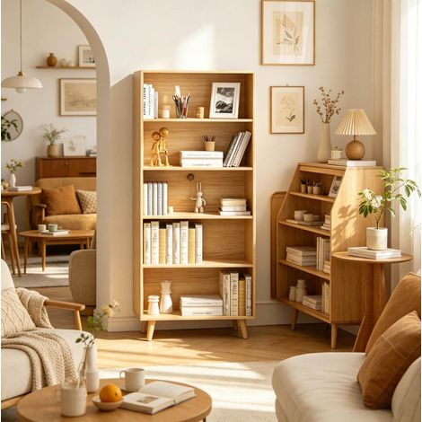 Libreria 60x24x144 cm rovere chiaro in melamina e legno massello con 5 vani aperti (1/4)