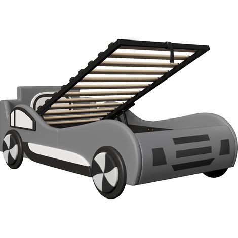 Lit voiture enfant 90x200, lit simple gris avec sommier, coffre de rangement hydraulique, design original en PU et MDF. (1/5)