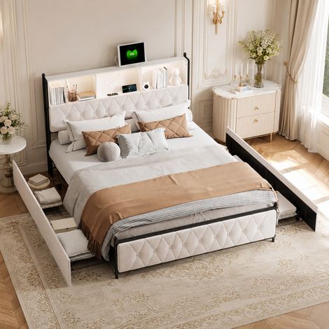 Lit coffre double 160 x 200, Lit adulte 160 x 200 avec 4 tiroirs, Table de chevet avec étui souple et bande lumineuse LED, Ports USB et de type C, Velour Beige (1/5)