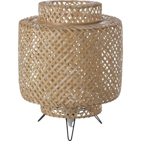 Lampe à poser en bambou tresse/lampe de chevet naturelle avec pied metal blanc - diam 30 x H 38 cm - E27 60W - ampoule LED ou Halogène (1/4)