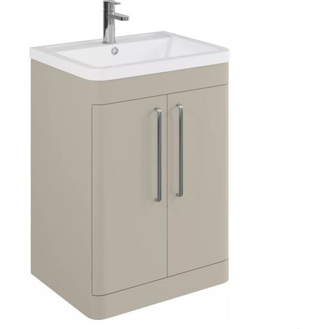 Balterley Calwich Contemporary Bathroom Floor Standing Vanity Basin Unit with 2 Doors & 1 Tap Hole Ceramic Basin, Pebble Grey, 600mm