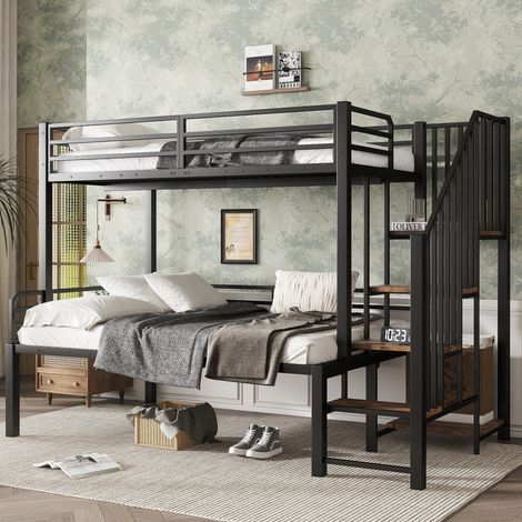 Etagenbett (257x124x160 cm), mit Eckleiter und Stauraum, stabiles Metall und MDF, Schwarz (1/5)