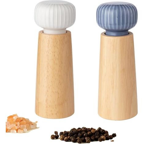 Ein Set aus zwei hölzernen Salz- und Pfeffermühlen, 7 Zoll, manuell, nachfüllbar, mit Keramikmahlwerk, verstellbar, blau und weiß. (1/5)