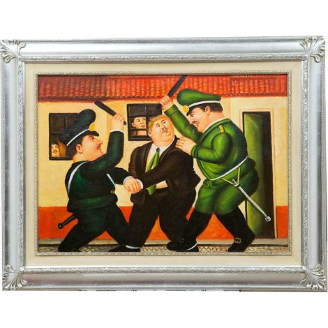 Biscottini Peinture à la main huile sur toile avec cadre en bois feuille argent 70,5 x 90,5 cm