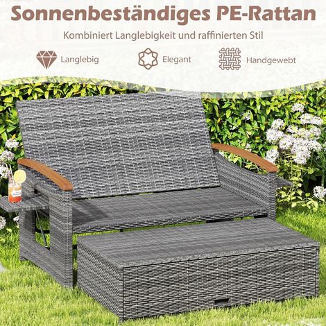 Banc de jardin gris 2 places en rotin PE avec dossier réglable et pouf avec rangement, coussins pour terrasse, balcon et jardin (1/5)