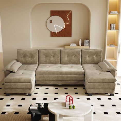 Canapé convertible en U 278 cm avec lit gigogne ports USB accoudoirs amovibles design modulable chenille camel salon moderne XL