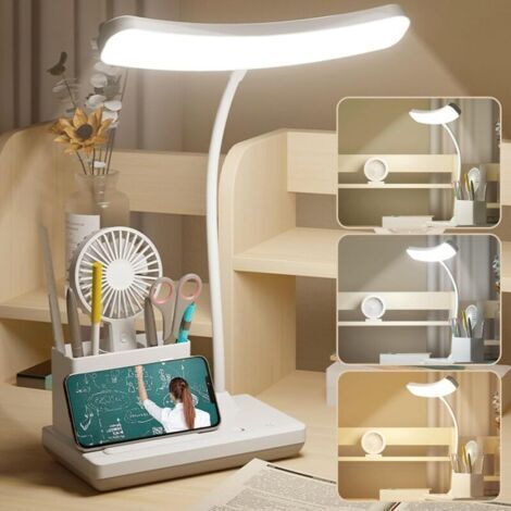 Lampe de bureau LED : 3 couleurs à intensité variable Lampe de bureau pour enfants, lampe de lecture USB avec porte-stylo, lampe de chevet col de cygne à 360° pour lecteur, travail, étude [Classe éner