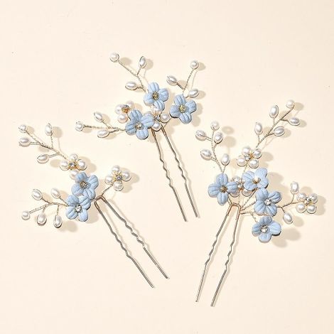 3 Barrette Fleur Bleue en Forme de U Perle Élégant Accessoire Cheveux pour Mariage Mariée Femme Bijoux Capillaire (1/4)