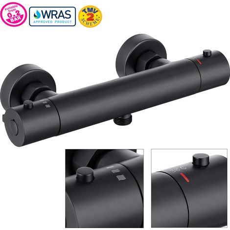Matt Black Thermostatic Bath Bar Mixer Shower Valve Round Bottom Outlet 150mm (1/4)