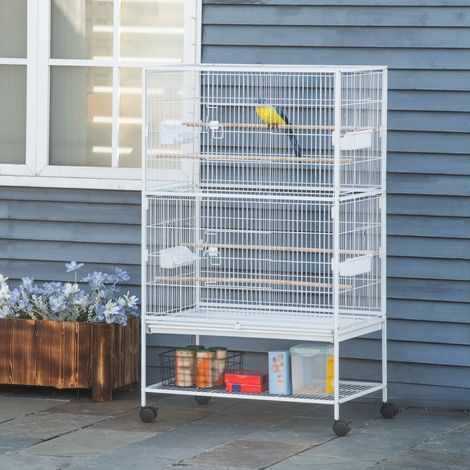 Gabbia per uccelli PawHut con ruote, 78x52x132 cm, con vassoio e ripiano rimovibili, per canarini e parrocchetti, bianca.