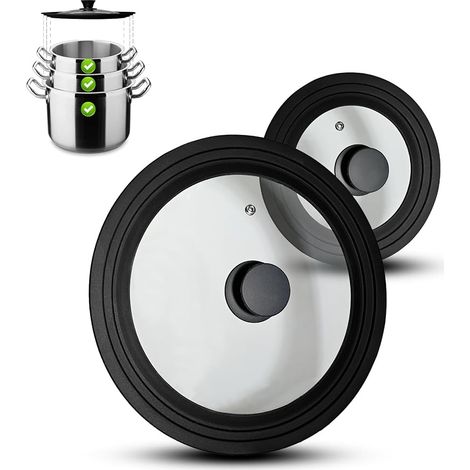 Set mit 2 Universal-Glasdeckeln mit Belüftungsöffnung und Silikonrand – Deckel für Töpfe und Pfannen mit 16/18/20 cm und 24/26/28 cm Durchmesser (Schwarz) (1/5)