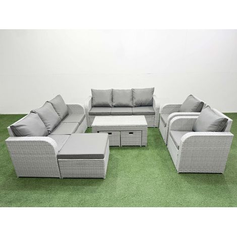Fimous PE Rattan High Back Lounge Sofa Set Patio Oblong Coffee Table & Chairs Set with 3 Seater Sofa Reclining Chair 3 Stools Light Grey (1/4)