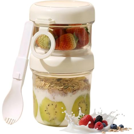 Stück Müslibecher to Go 530 ml + 330 ml, Joghurtbecher to Go für Kinder mit Löffel im Deckel, Müslibecher, Müsli, Müslibox, Cerealienbox (1/5)