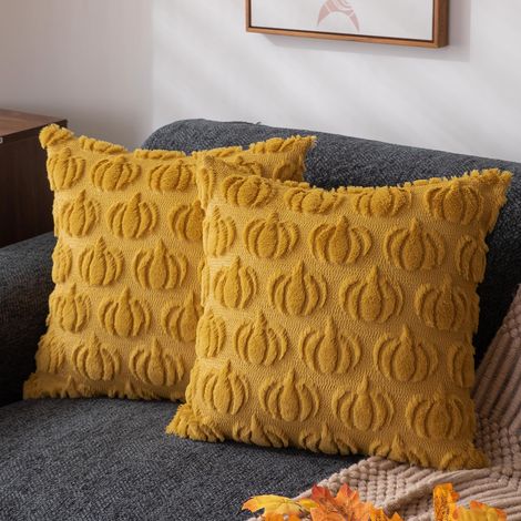 Lot de 2 Housses de Coussin Citrouille Jaune Moutarde Automne 40 × 40 cm, Coussins Doux en Fausse Fourrure pour Canapé Chambre Salon, sans Garnissage (1/5)