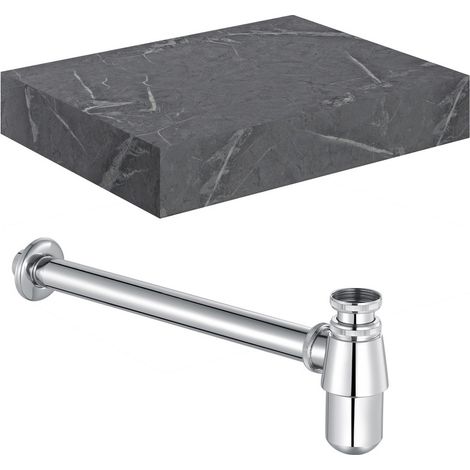 Signature Grove Wall Hung Basin Shelf with Chrome Bottle Trap 600mm Wide - Grey Marble (1/2)