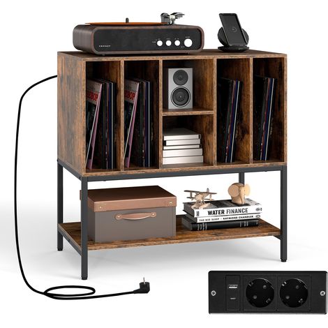COSTWAY Supporto per Giradischi con Stazione di Ricarica, Credenza per Giradischi con Spazio per Album, Tavolino Porta-Vinili con Scaffali per CD per Soggiorno e Sala Musica (Marrone) (1/5)