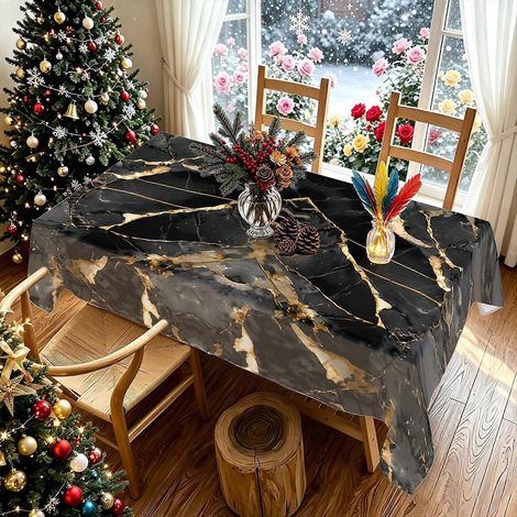 Nappe luxueuse imprimée en 2D à motif marbre noir et or, 1 pièce, motif abstrait de marbre veiné doré, idéale pour les fêtes de Noël et la cuisine. (1/4)