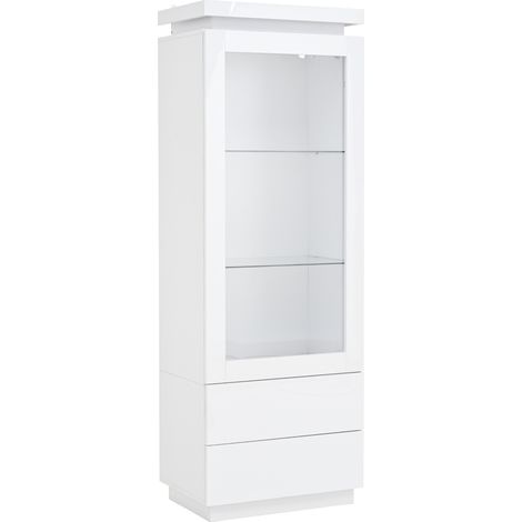 Vitrine blanche en panneaux MDF 60x40x171 cm avec 2 tiroirs, portes en acrylique transparent, étagères en verre trempé, éclairage LED contrôlé par application (1/5)