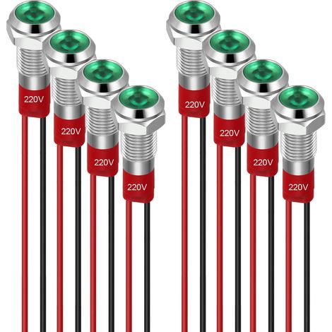 8pcs 6mm Voyant LED 220-230V Signal Lumineux étanche Panneau Métallique Voyant LED Montage sur Panneau Tête Plate avec Fils Coque Argentée, Vert