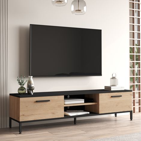 Mueble TV Lempäälä con 2 estantes y 2 puertas aglomerado/metal 39 x 160 x 35 cm - Efecto roble / Negro [en.casa] (1/5)