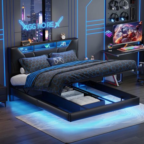 Lit coffre 140x200 cm, LED, port USB, tête de lit réglable capitonnée similicuir noir (1/5)