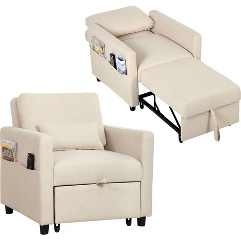Irovami Canapé-lit 3 en 1 en tissu effet lin avec dossier réglable, blanc crème (1/5)