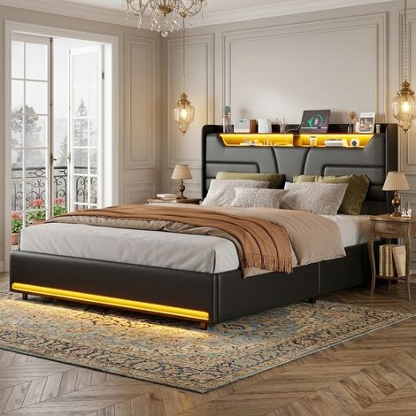 Lit 140x190 avec Rangement Hydraulique, avec LED et USB, Lit Coffre avec sommier à Lattes et Tête de lits rembourrée, Lits Double pour Adultes et Adolescent, sans Matelas, PU (1/5)