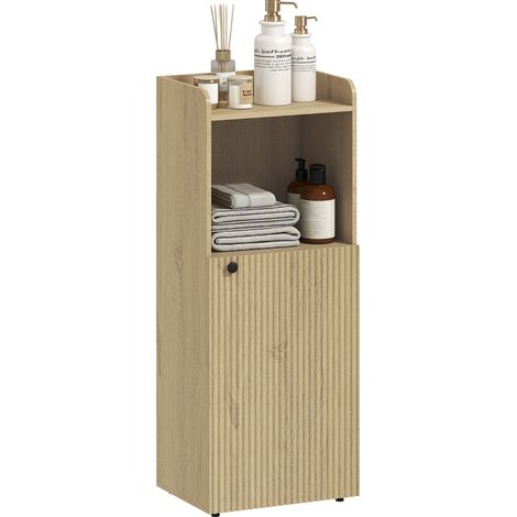 Meuble de salle de bain colonne étroite avec armoire fermée, niche ouverte et étagère réglable sur 3 niveaux, 40 x 31 x 104 cm, bois clair - CHICFURN (1/5)