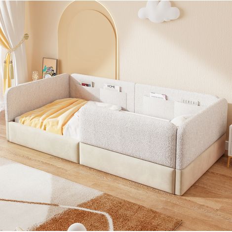 Einzelbett 90x200 cm Weiß aus MDF, PU und Samt mit Schutzgitter und Aufbewahrungstaschen (1/5)