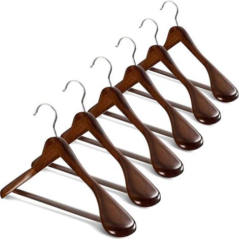 Lot de 6 cintres en bois à épaules larges avec barre antidérapante pour pantalons, manteaux, robes et costumes - Marron (1/5)