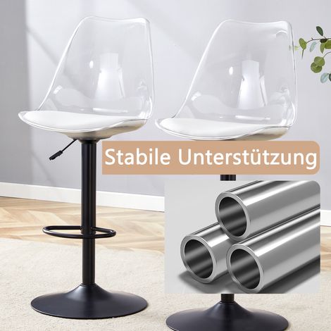 Lot de 2 tabourets de bar réglables, dossier en plastique transparent, assise en cuir PU, pieds en métal noir. Hauteur ajustable et rotation à 360°, idéal pour cuisine, bistro. (1/5)