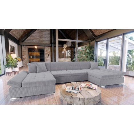 Tendencio – Canapé d'angle convertible ALON velours côtelé gris – 2 places – Coffres de rangement – Parfait pour grands salons