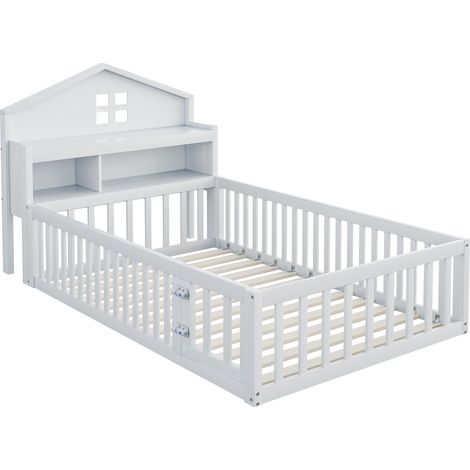 Lit enfant 90 x 200, cadre de lit enfant en bois massif, lit cabane avec étagères et espace de rangement, avec barrière de protection et porte, avec barre pour photos, avec sommier à lattes, blanc (1/5)