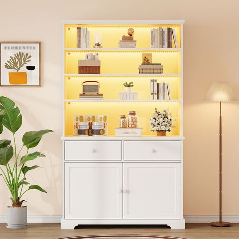 Vitrine LED blanche 100 x 38 x 170 cm meuble multifonction 2 portes 2 tiroirs rangement moderne pour salon bureau cuisine élégant (1/5)