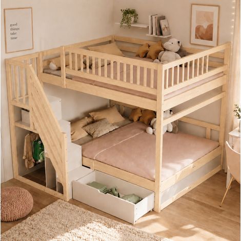 Letto a castello 140x200 cm in legno con scala contenitore, sponde alte e cassetti (1/5)