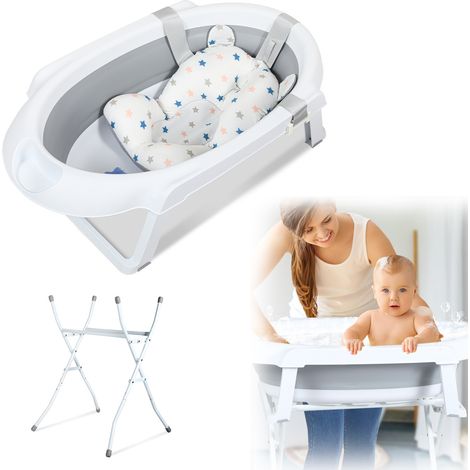 Randaco Baignoire de bébé avec support Capacité de charge 10kg - Baignoire bébé pliable avec coussin de bain,Gris