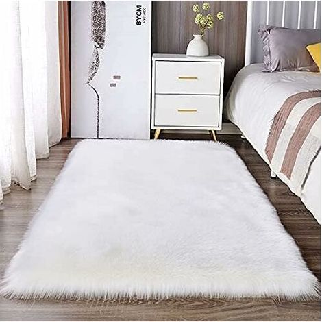 Tapis En Fausse Peau De Mouton - 50 x 150 cm - Rectangulaire - Blanc - Fausse Fourrure Longue 7 cm (1/5)