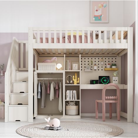 lit enfant mezzanine rangement bureau 90x200 blanc OKMYHOME