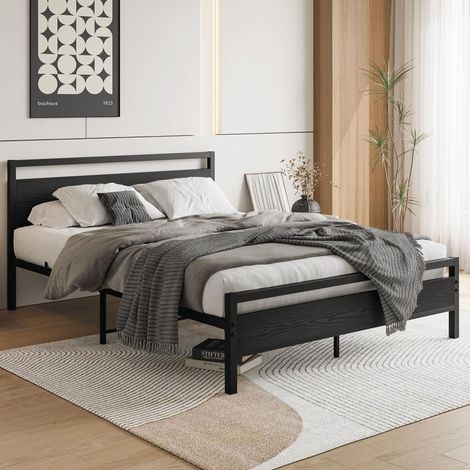 Cama adulta de 140x200 cm en metal y MDF, con somier de láminas, espacio de almacenamiento bajo la cama, estructura estable, color negro. (1/5)