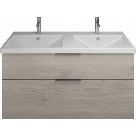 Burgbad Eqio Keramik-Doppelwaschtisch mit Unterschrank 123 cm, mit Mittelsteg und Griffleiste Eiche Dekor Flanelle/Alpinweiss Schwarz matt (1/5)