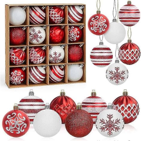 Boules de Noël rouges et blanches, lot de 16 boules de 6 cm pour sapin de Noël, décorations en plastique peint avec cordon. (1/5)