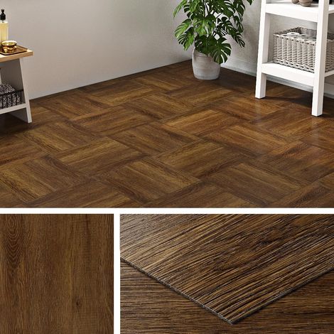 Dalle PVC Adhesive Sol Effet Bois Marron 30x30CM Lino Sol Adhesif Effet Parquet Adhesif Sols Salle de Bain Imperméable Carrelage Adhésif Sols PVC Lino Chambre Cuisine Bois Foncé, 4 Dalles (1/5)