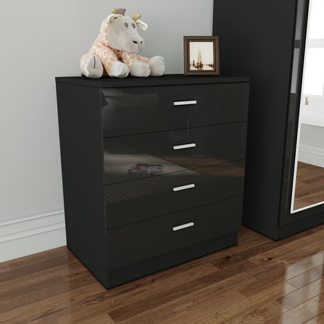 ELEGANT 4 Drawer Chest of Drawers High Gloss Black Bedroom Storage Furniture Metal Drawer Glides Bedside Cabinet