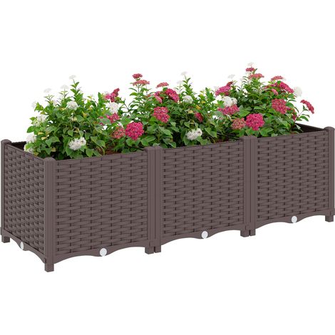 Jardinière surélevée, lit de jardin en plastique auto-irrigantes avec trous de drainage et bouchons, 120x40x37cm, marron