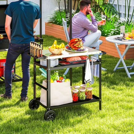 Chariot de service/grill à 3 niveaux avec plan de travail, poignées, housse, roulettes, table de barbecue en acier inoxydable, 100 x 52 x 80 cm, noir