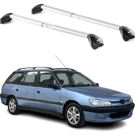 OMAC Barres de toit transversales certifiées TÜV pour Peugeot 306 307 308 Wagon – Verrouillables (4 antivols) – Charge max 100 kg – Sangle inox + protection caoutchouc Argent (1/4)