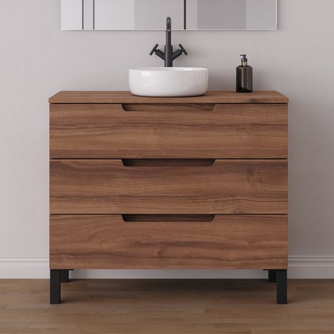 Meuble de salle de bain 90cm avec plateau et vasque à poser ronde - sans miroir - 3 tiroirs - noyer (bois foncé) - RIZA (1/5)