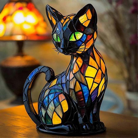 Veilleuse chat en vitrail, lampe de table LED rétro 3D représentant un animal de compagnie mignon, idéale pour la décoration intérieure (Couleur A) (1/5)