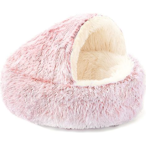 Cama cueva para perros pequeños y gatos, cama de felpa relajante y antiansiedad, cama acogedora y esponjosa con capucha para cachorro, saco de dormir lavable con base antideslizante (40 cm rosa)